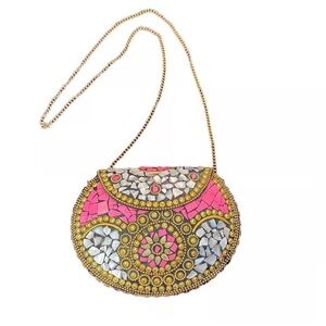 Ramla Designer Pink & Gold Mosaic Chain Shoulder Bag I Statement Crossbody Purse